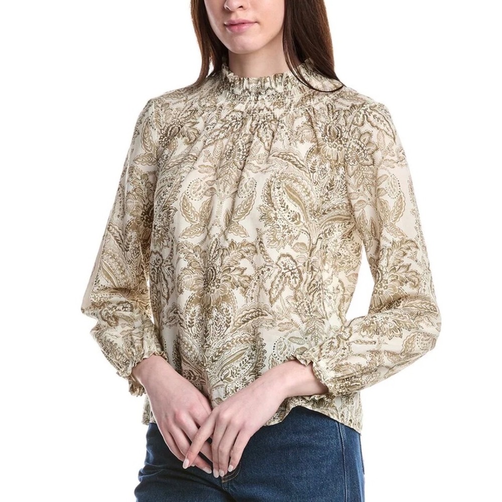 J. McLaughlin Antonia Blouse XS off-white and brown paisley ruffled mock neck